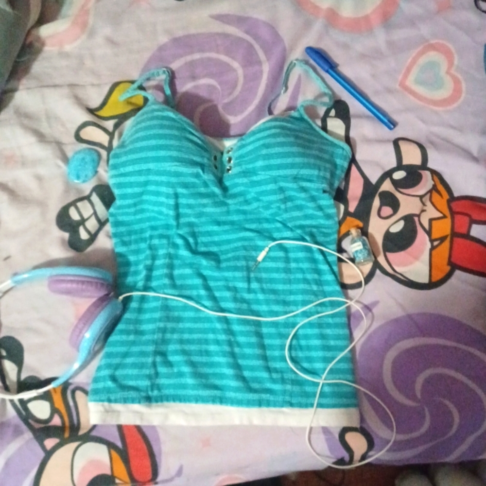 Y2k barbie built in cups teal striped 2000s tank